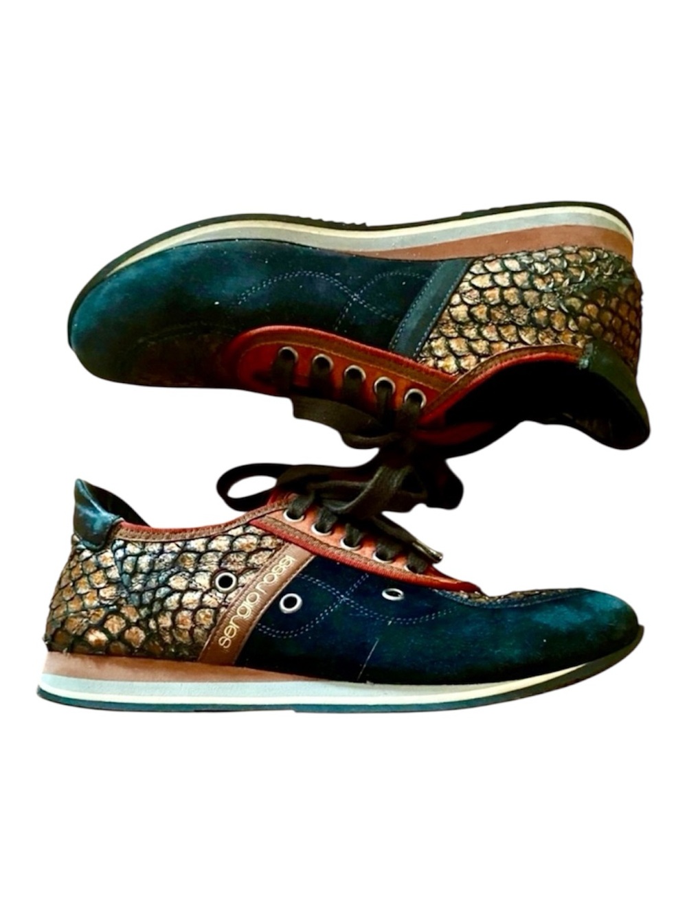 Sergio Rossi Italy Metallic Snakeskin Leather Suede Sneakers EU 36 US 6 Lace Up